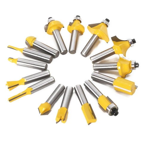 15 Piece One Quarter Inch Shank Tungsten Carbide Router Bit Set arranged in a circle showcasing yellow anti-kickback design.