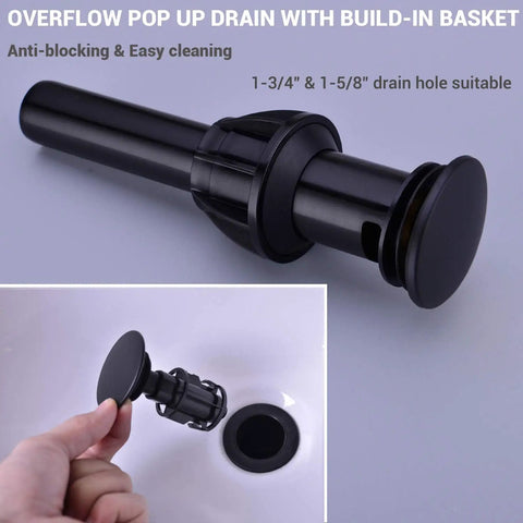 Overflow pop up drain, black matte, suitable for 1-3/4" and 1-5/8" drain holes, part of Two Handle 4 Inch Centerset Vanity Sink Faucet Matte Black With Overflow Pop Up Drain And cUPC Water Supply Lines Included, Lightweight Bathroom Fixture Combo Set For Quick Reno Renovations And Easy Install