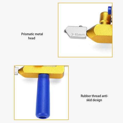 Close-up of Glass Tile Cutter Tool Handheld Alloy Design, 290g, prismatic metal head, with ergonomic no slip grip handle.