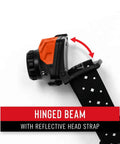 FL85 615 Lumen Dual Color Pure Beam Focusing LED Headlamp With Twist Focus Hinged Beam Adjustment shown on reflective strap.
