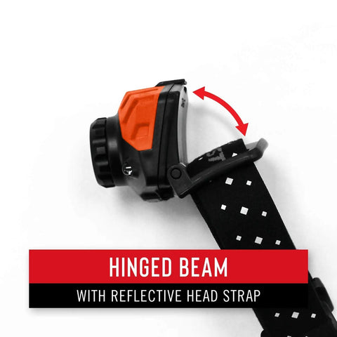 FL85 615 Lumen Dual Color Pure Beam Focusing LED Headlamp With Twist Focus Hinged Beam Adjustment shown on reflective strap.