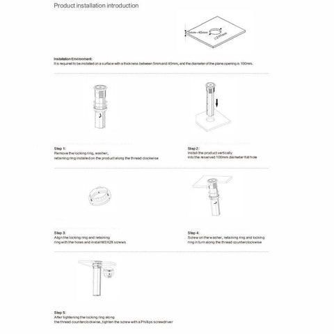 Installation guide for Waterproof Pop Up Power Strip With Smart Lifting Mechanism for desks and kitchens, showing assembly steps.