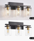 3-Light Black And Gold Bathroom Vanity Lights With Glass Cylinder Sconces For Wall Mounted Bathroom Lighting, on and off views