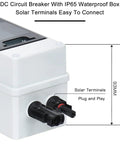 Close-up of 15 Amp Solar DC Disconnect Switch Outdoor Breaker Box with IP65 waterproof UV resistant PC shell and solar terminals.