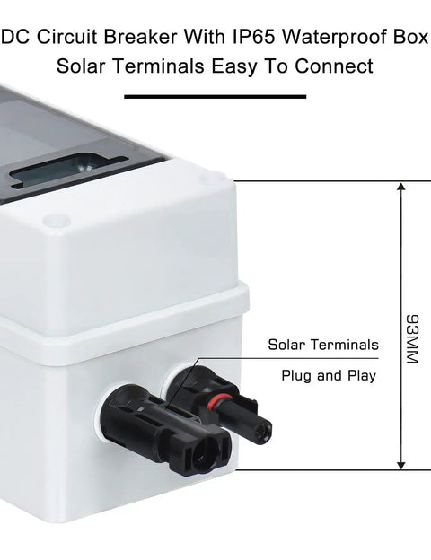 Close-up of 15 Amp Solar DC Disconnect Switch Outdoor Breaker Box with IP65 waterproof UV resistant PC shell and solar terminals.