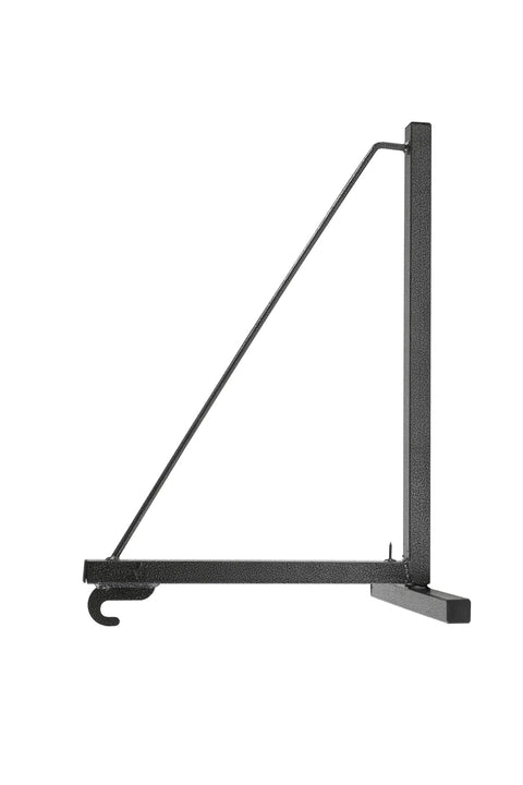 Side view of Heavy Duty No Drill Shelf Bracket For Containers Hook On Under Shelf With D Rings, 18.5 inch deep, supports 550 lb per arm.
