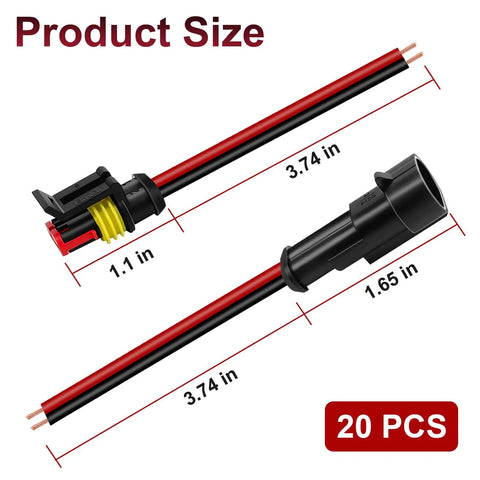 Dimensions of Waterproof 2 Pin Electrical Connector Kit For Cars, Trucks, Boats And Motorcycles, 16 AWG 2 Wire, IP64 Sealed, 20 Piece Pack