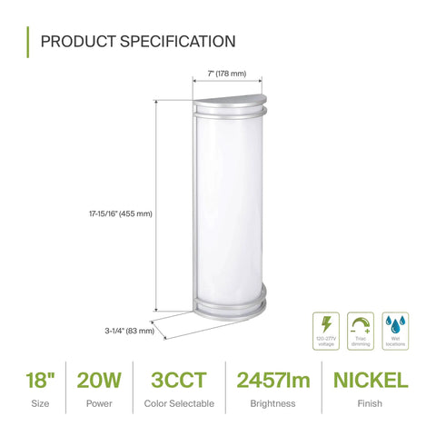 Diagram of 10 Inch Outdoor Wall Mount LED Sconce Light Dope Weatherproof UV Resistant Brushed Nickel Dimmable Exterior Fixture