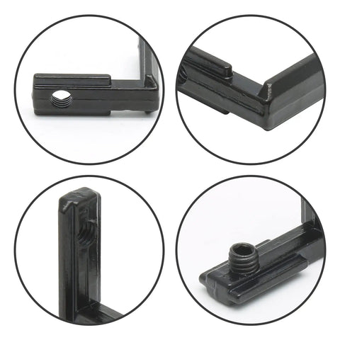 Close-up of black 20 Pcs T Slot Inside Corner Connector With Screws for 2020 Series Aluminum Extrusion, 6mm Slot Profiles