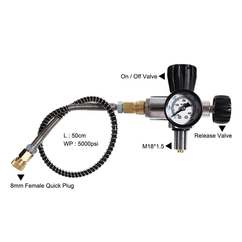 3L Carbon Fiber PCP Air Tank With Filling Station And Regulator Gauge 4500 PSI High Pressure HPA Cylinder For Paintball Comes With Hose Fittings For Direct Fill From Compressor showing filling station details