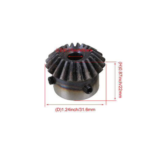Beefy 45 Steel 1.5 Modulus Tapered Bevel Gear Wheel 8mm Hole Diameter 20 Teeth Silver Pack Of 2, with measurement labels.