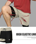 Men's 2 In 1 Running Shorts With Built In Liner Quick Dry Training Gear Zip Pockets And Towel Loop Lightweight Breathable Athletic Shorts In Khaki showing liner detail