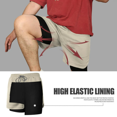 Men's 2 In 1 Running Shorts With Built In Liner Quick Dry Training Gear Zip Pockets And Towel Loop Lightweight Breathable Athletic Shorts In Khaki showing liner detail