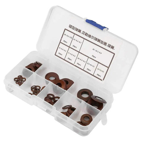 Heavy Duty Belleville Compression Spring Disc Washer With Variable Stiffness, Compact Shock Absorber For Clutches And Valves, High Load Capacity In Small Footprint, Precision Equipment Support For Industrial Machinery And Automotive Systems, brown washers in labeled plastic case