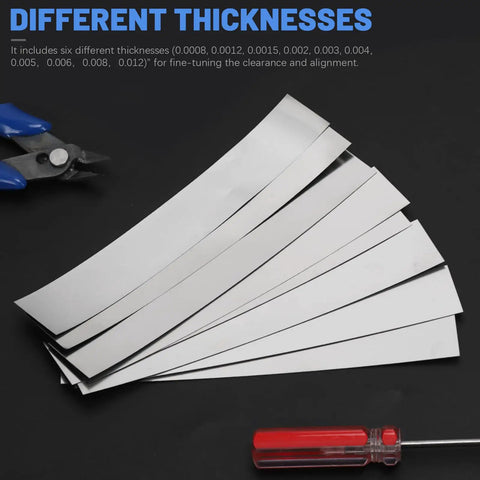 10 Pcs Rectangular Shim Stock Assortment Set Pro Grade 0.004 Inch Thick, various thicknesses of stainless steel shims, black background