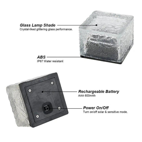 Detailed view of Ice Cube Solar Glass Brick Path Lights 4 Pack For Garden And Yard, showing glass shade and ABS base.