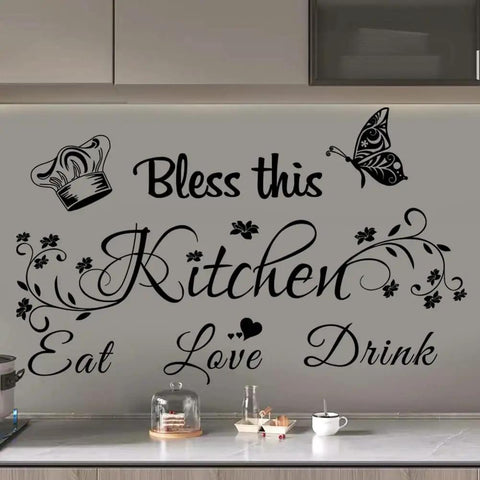 Kitchen Wall Stickers Peel And Stick Vinyl Decals Bless This Kitchen text art on a home dining room wall above countertop