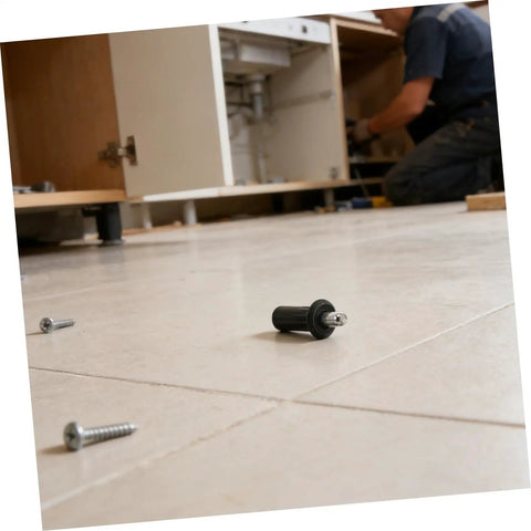 Metal Cabinet Door Repair Pins Kit With Spring Loaded Shaft Pins For Sliding Doors scattered on floor during DIY repair