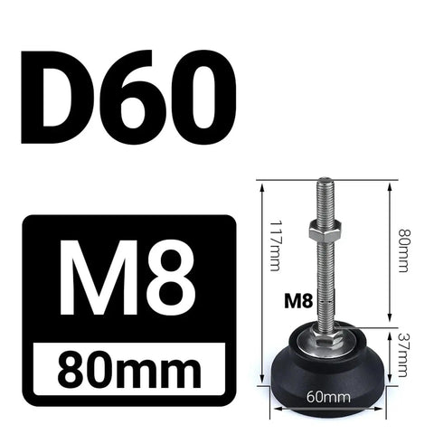 Heavy Duty Adjustable Leveling Feet With Swivel Base, 60Mm Threaded Furniture Pads 4 Pack showing dimensions and M8 threading.