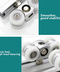 No Stress Stainless Steel Casters With Slick Bearing Rollers Retractable Four Wheel Sliding Door Pulley Kit close-up of roller assembly with nylon wheels
