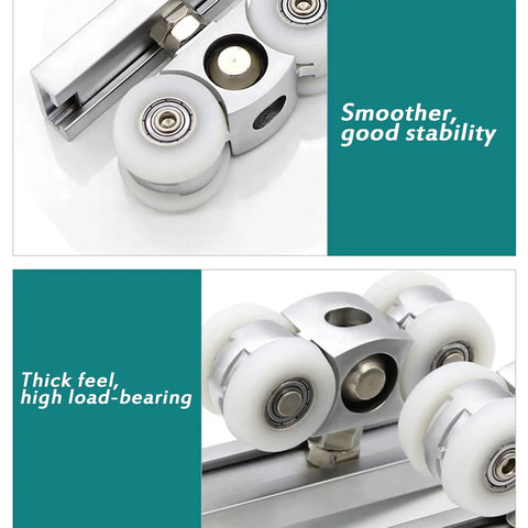 No Stress Stainless Steel Casters With Slick Bearing Rollers Retractable Four Wheel Sliding Door Pulley Kit close-up of roller assembly with nylon wheels