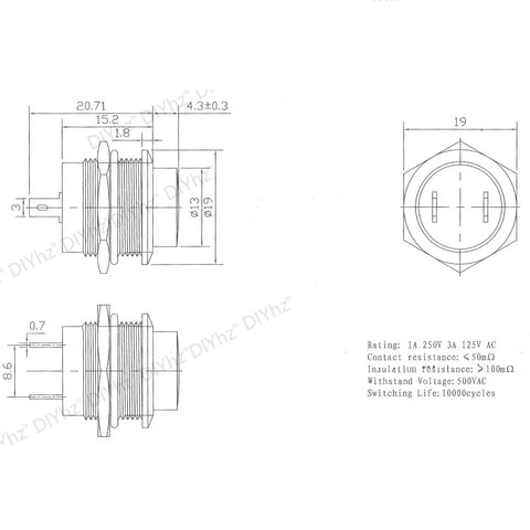 Technical drawing of No Lock Momentary Push Button Switch Round Black Cap Normally Open Push And Hold ON Release OFF 250V 3A AC