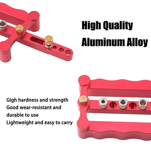 Heavy Duty Self Centering Doweling Jig Kit With Pocket Inclined Hole Drill Guide showing aluminum alloy construction and adjustment knobs.