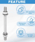 Six Piece M8x65mm Double Ended Stud Screws Set in 304 Stainless Steel with Nuts and Washers, corrosion resistant features
