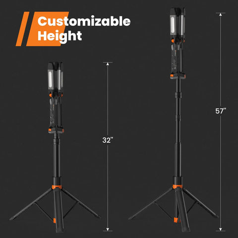 Go To 4 In 1 Cordless Work Light With Stand And Detachable Tripod Rechargeable LED Lamp showing customizable height options