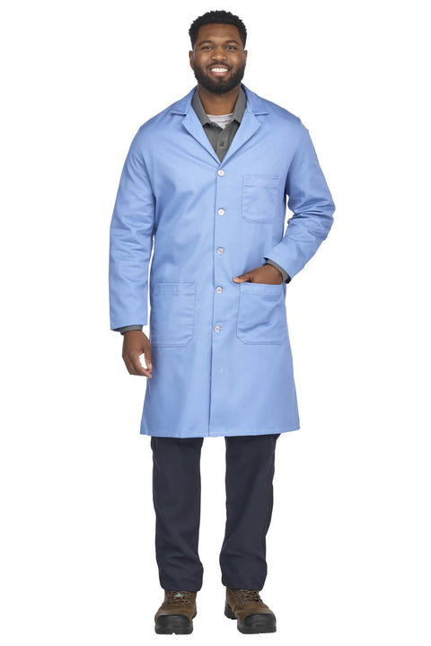 Flame Resistant Lab Coat For Industrial Work Light Blue Medium Size Arc Rated 7.7 Cal Per Cm2 NFPA 2112 Compliant UL Certified