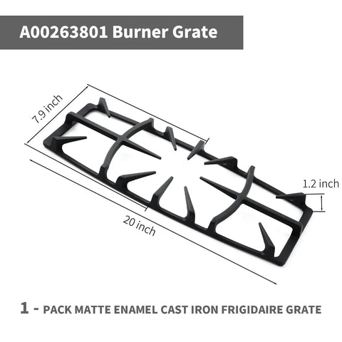 Image of Heavy Duty Cast Iron Burner Grate Replacement For Gas Stoves, showing the dimensions 20 x 7.9 x 1.2 inches.