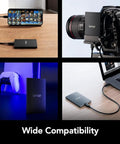 2TB Portable SSD SL500 USB 3.2 Gen 2x2 connected to various devices, showcasing compatibility with phones, cameras, consoles, laptops