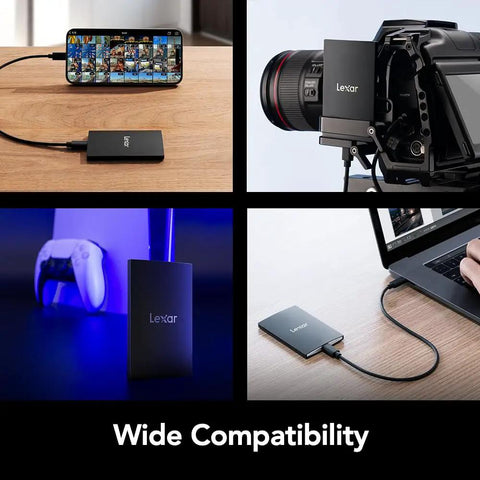 2TB Portable SSD SL500 USB 3.2 Gen 2x2 connected to various devices, showcasing compatibility with phones, cameras, consoles, laptops