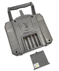 Back view of Six Channel 2.4GHz RC Transmitter showing battery compartment with open cover and batteries removed