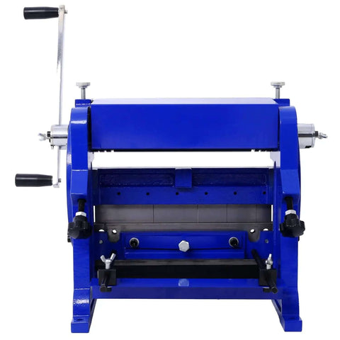 Front view of 3 In 1 Sheet Metal Brake 12 Inch Blue Combination Machine for bending, shearing, and rolling with five blade options.