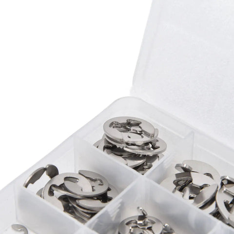 Close-up of 400 Pieces Stainless Steel E Clip Retaining Assortment Kit With Sizes From 1.5mm To 15mm in storage box compartments