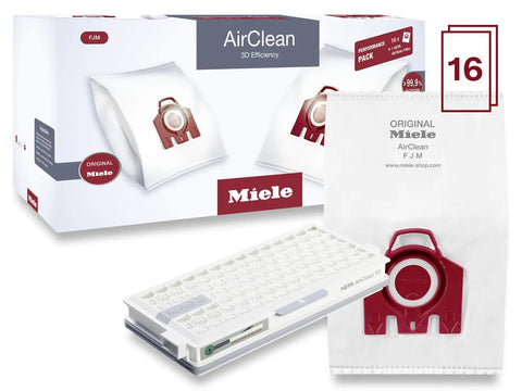 HyClean Air FJM Vacuum Bags For Compact C1 And C2 Canisters, 16 Dust Bags Plus 1 HEPA Filter with packaging and filter detail.