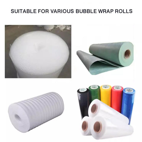 Heavy Duty Vertical Bubble Wrap Roll Holder Aluminum Shipping Dispenser Is A Total Game Changer For Wrapping Stretch Film And Boxes. Various bubble wrap rolls displayed.