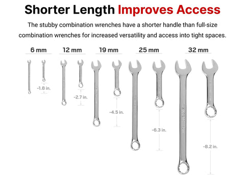 Stubby Combination Wrench Set With Roll Pouches, different sizes from 6 mm to 32 mm shown with measurements for improved access.