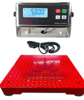 Rugged 24X24 Industrial Floor Scale Pulling 5000 Lb Loads, with sharp digital stainless display for weighing. 50 lb reading shown.