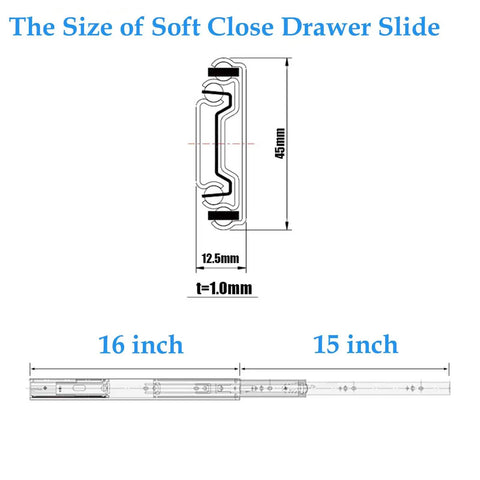 Diagram showing dimensions of a 16 Inch Soft Close Drawer Slides, Heavy Duty Side Mount Cabinet Glides with Ball Bearing