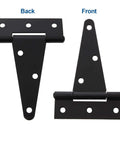 Front and back view of Ten Pack 4 Inch T Strap Tee Hinge Heavy Duty Black Barn Door Hinges for Wooden Fences.