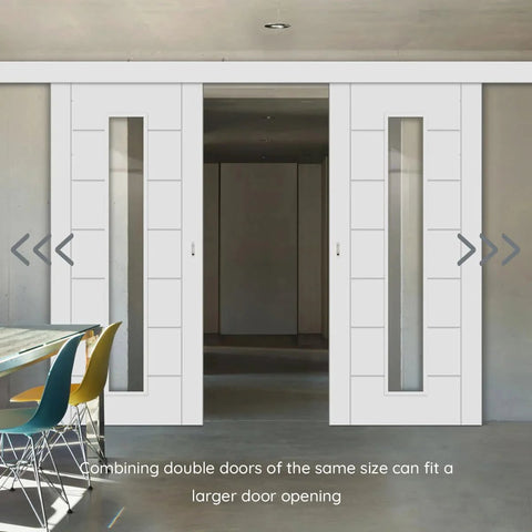 Soft Close Pocket Door Slide Hardware And Track Set For Barn Doors With Heavy Duty Hanger And Bilateral Four Wheel Dual Damping 47 Inch Track Single Door Load Rating Up To 143 Lbs Space Saving Slider System installed on double doors