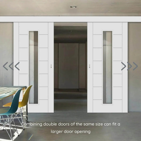 Soft Close Barn Door Slide Hardware Set With 59 Inch Track, Heavy Duty Pocket Door Kit installed in modern dining room.