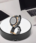 F&Y 360 Degree Electric Rotating Mirror Display Stand With Flexible Speed Turntable For Jewelry Product Photography, featuring a watch.
