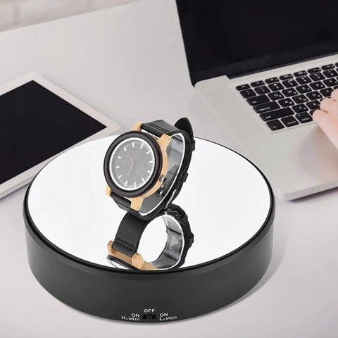 F&Y 360 Degree Electric Rotating Mirror Display Stand With Flexible Speed Turntable For Jewelry Product Photography, featuring a watch.