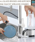 No Fuss Two In One Sink Glass Rinser Stainless Steel Cup Washer With 360 Reach Pull Out Spray Head For Glasses And Plates, showing a plate rinse and bottle wash.