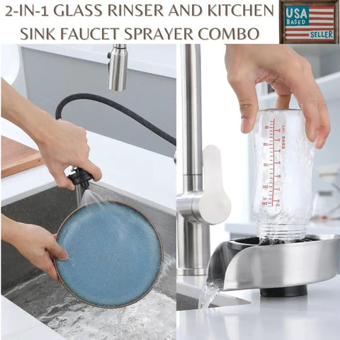 No Fuss Two In One Sink Glass Rinser Stainless Steel Cup Washer With 360 Reach Pull Out Spray Head For Glasses And Plates, showing a plate rinse and bottle wash.
