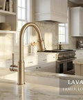 Sharp Looking Champagne Gold Kitchen Faucet With Pull Down Sprayer And Single Handle Mixer Designed For No Sweat Installation And A Classy Vibe In Your Kitchen on marble countertop.