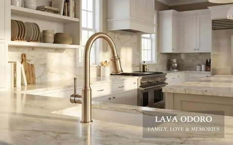 Sharp Looking Champagne Gold Kitchen Faucet With Pull Down Sprayer And Single Handle Mixer Designed For No Sweat Installation And A Classy Vibe In Your Kitchen on marble countertop.